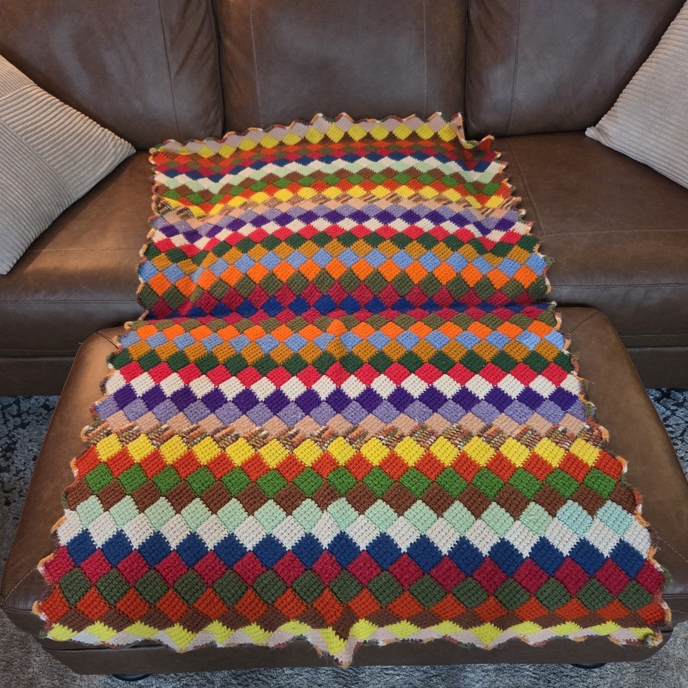 Colorful Hand Crocheted Diamond Pattern Blanket Throw Afghan  35x56 - Picture 2 of 6